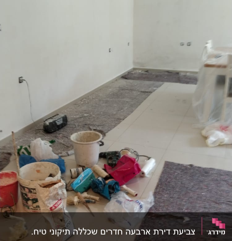 כלי עבודה לצביעה, דלי צבע, רולר ומברשות על הרצפה